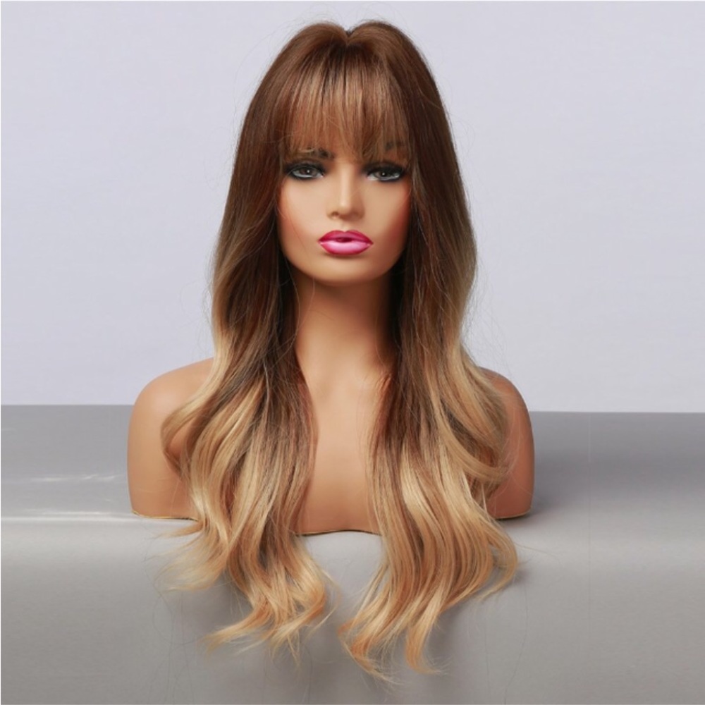 Long Ombre Wavy Wig with Bangs - Brown to Blonde